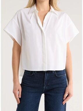 rag & bone White Boxy Short-Sleeve Button-Front Shirt, 100% Cotton Poplin